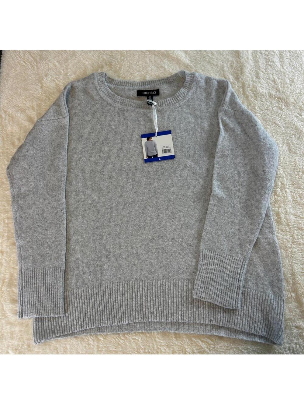 Ellen Tracy Women's Gray Crew Neck Sweater Long Sleeve Knit Pullover Size Large